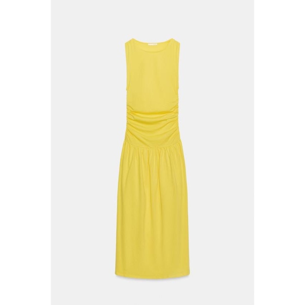 Zara Yellow Ruched Sleeveless Midi Dress Crew Neck Drop Waist 0858/085/323 M